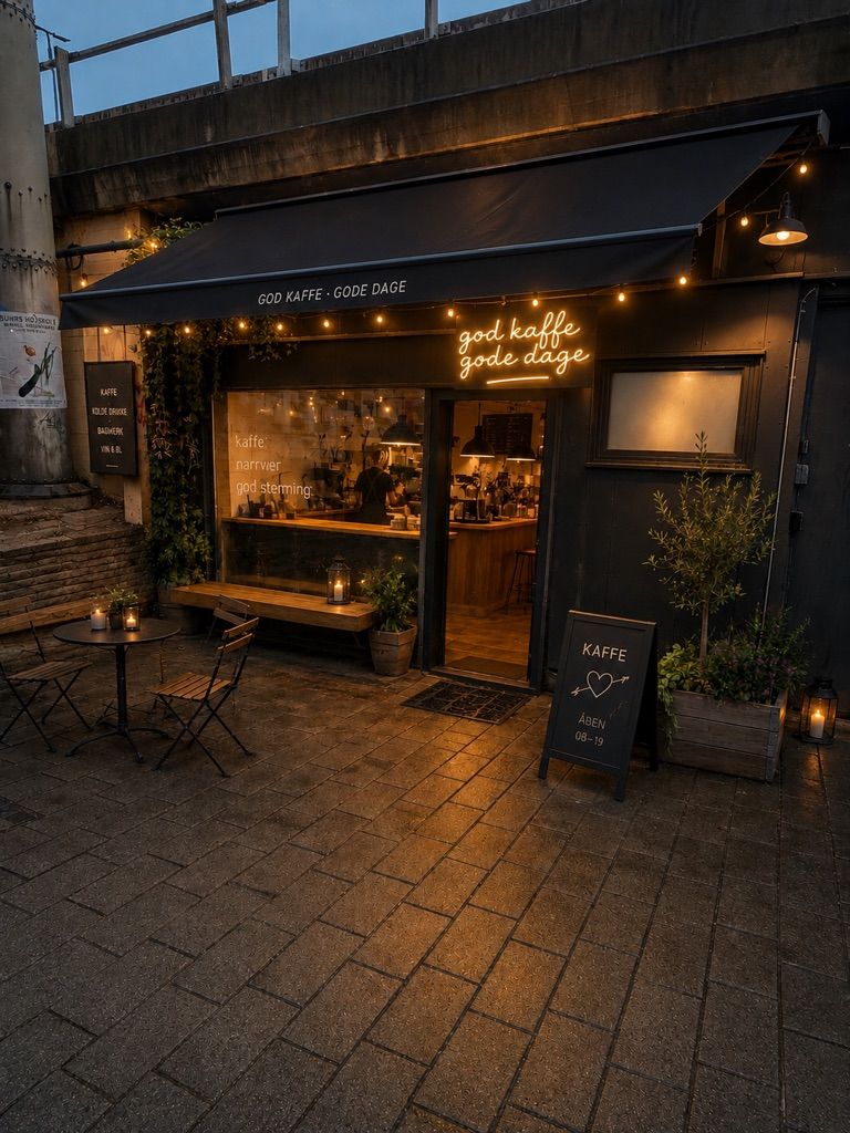 Butik i Jernbanepladsen med en sjælden dekoration og tekst på dansk, god kaffe gode dage. Bord med lyse og plante. Mørkt udendørsområde og skråtag.
