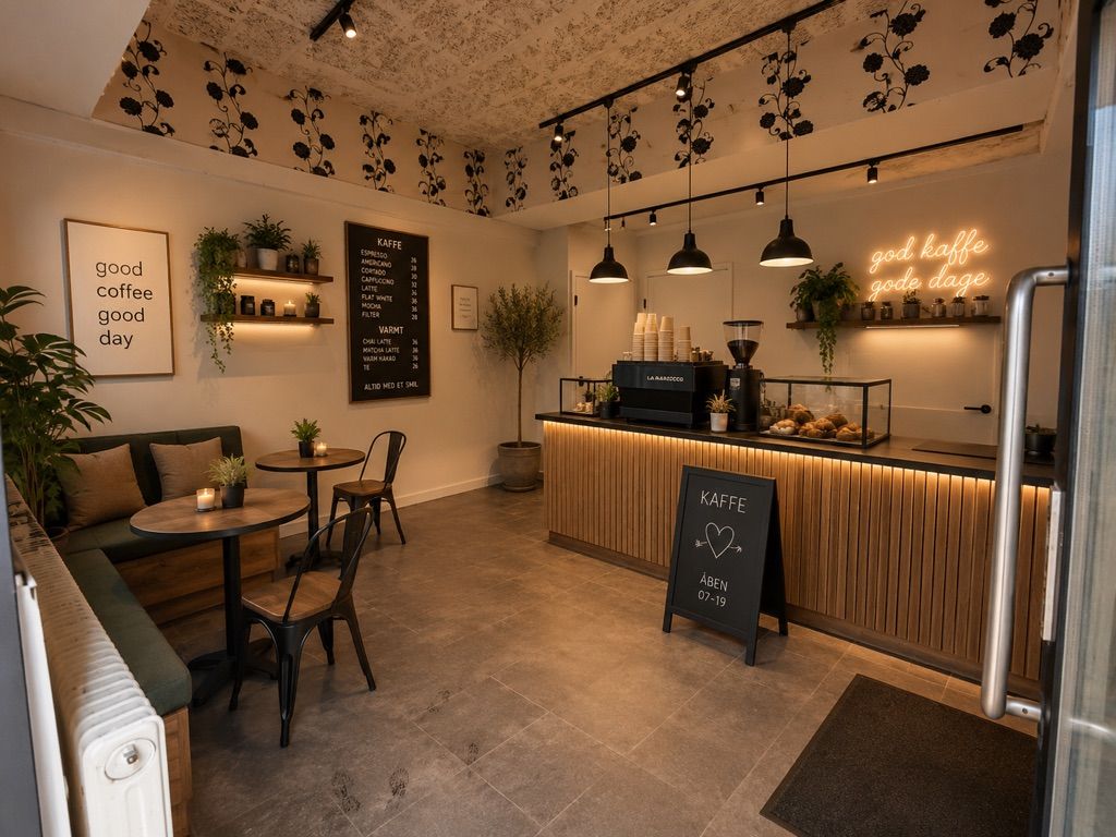Lej mægtig kaffebar i Kongens Lyngby. Lige ved Jernbanepladsen. Indkøbsmuligheder, køkken, toilet og lager. Møbler inkluderet.