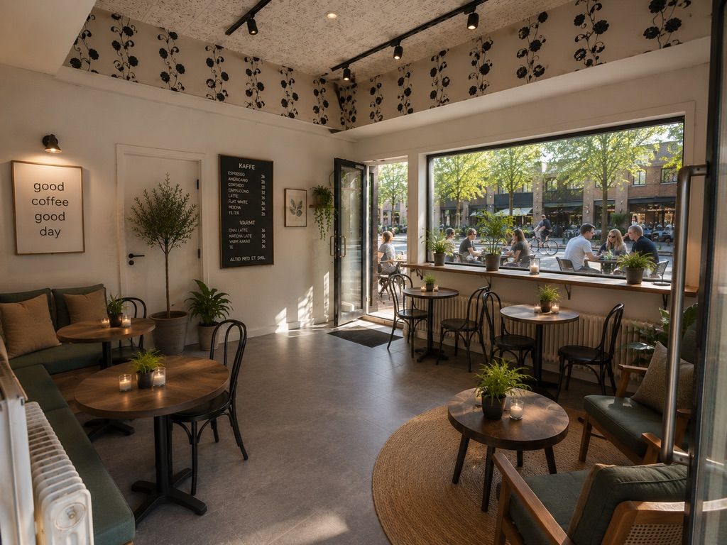 Butik eller kaffebar med hyggelige interiører, plante og vinduer, og teksten "Good coffee good day" på væggen.