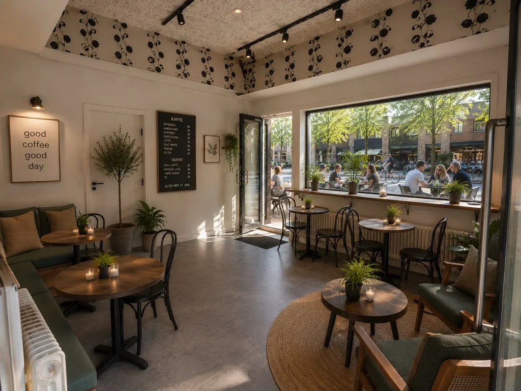 Butik eller kaffebar med hyggelige interiører, plante og vinduer, og teksten "Good coffee good day" på væggen.