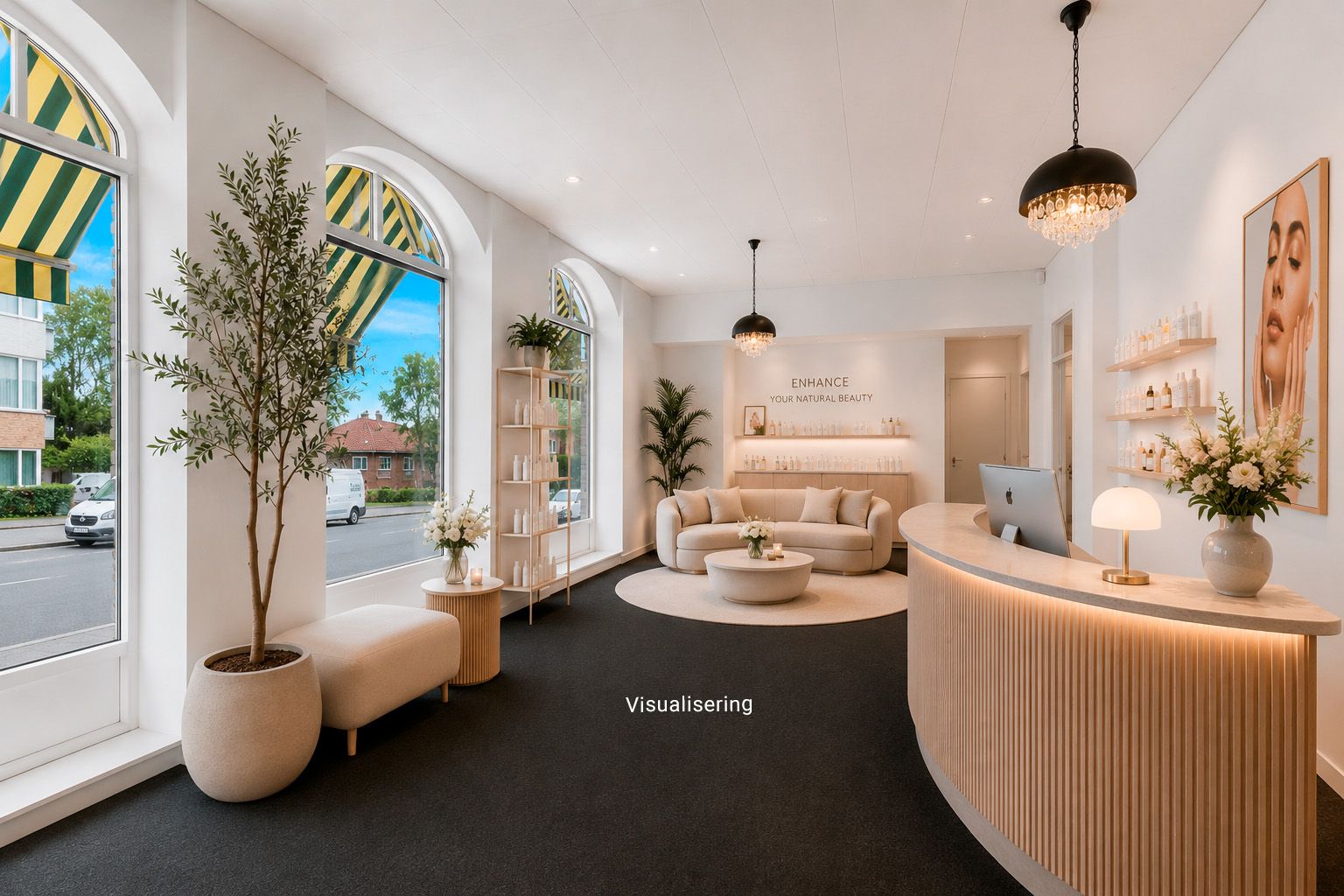 Lys og ren stue med sofa, hvidt bord og plante. Her er skriftligt tekstfelt med ordet Enhance. Gulvet er dækket med sort tæppe. Der er flere plantepoteter med planter og lyse lamper