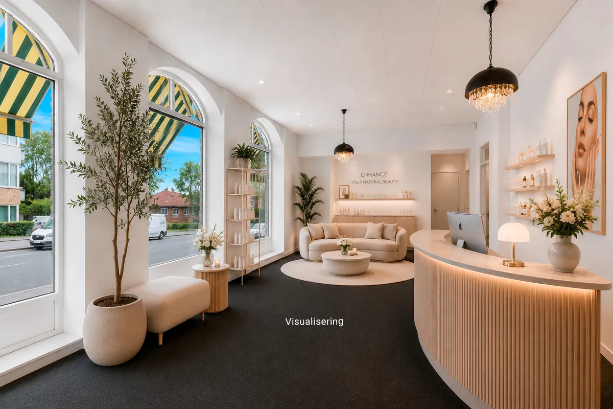 Lys og ren stue med sofa, hvidt bord og plante. Her er skriftligt tekstfelt med ordet Enhance. Gulvet er dækket med sort tæppe. Der er flere plantepoteter med planter og lyse lamper