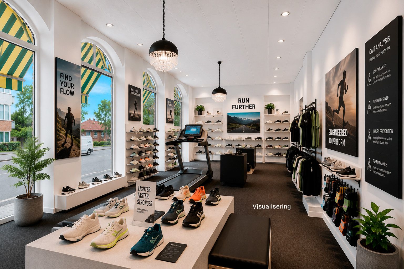 Lyst og moderne butikslejemål med sportsudstyr og træningsmaskiner, store vinduer, lyse loftslamper og plantepoteter, mærkeskilt, træningssko, tøj og moderativt interiør