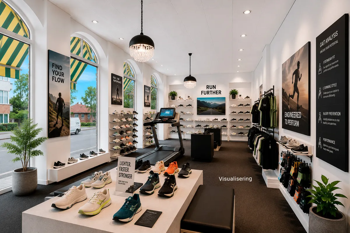 Lyst og moderne butikslejemål med sportsudstyr og træningsmaskiner, store vinduer, lyse loftslamper og plantepoteter, mærkeskilt, træningssko, tøj og moderativt interiør