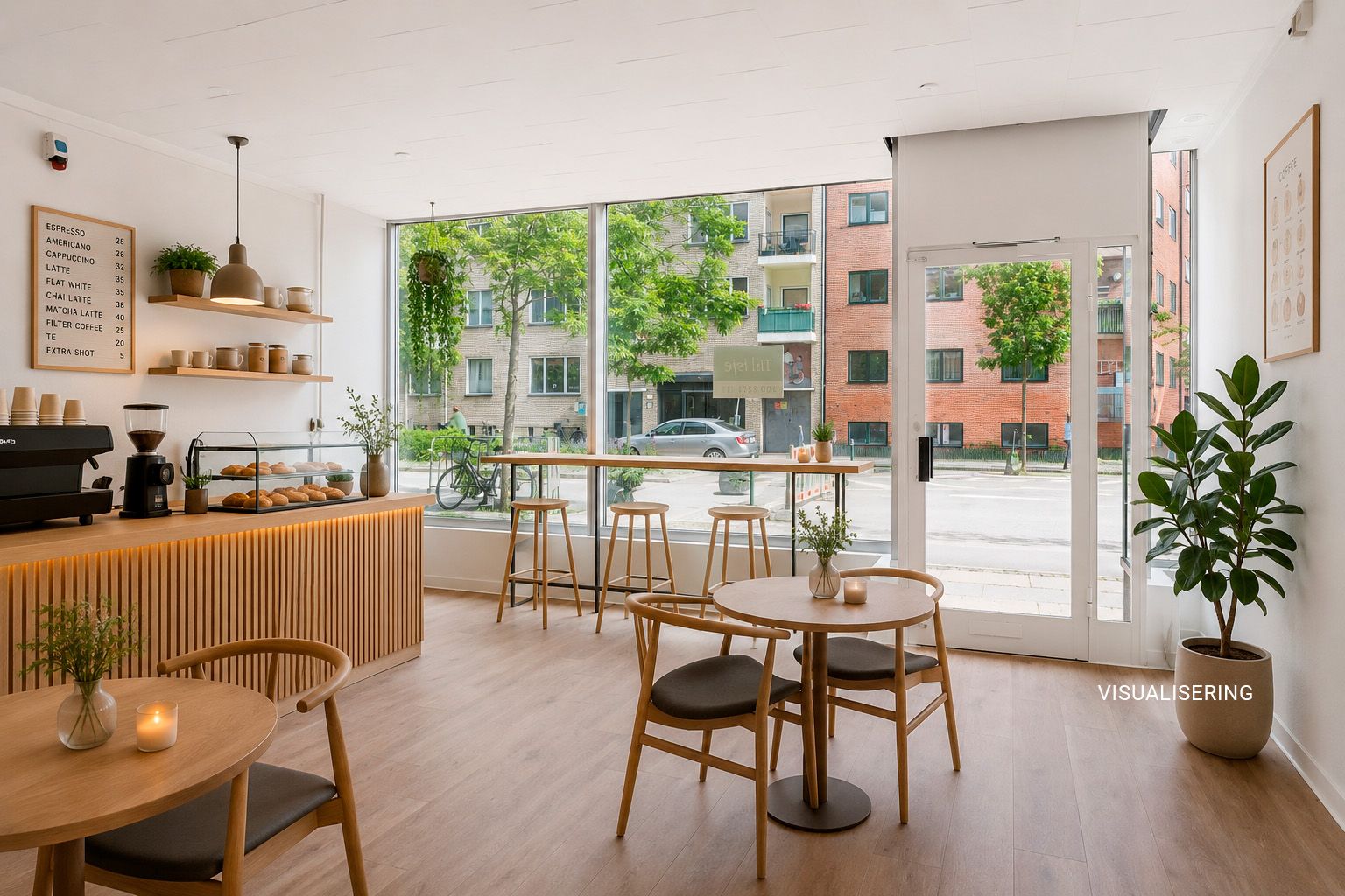 Lejlighed med cafebar, møbler og plantepotte, hvor man kan se ud i gadebilledet med biler og huslejligheder