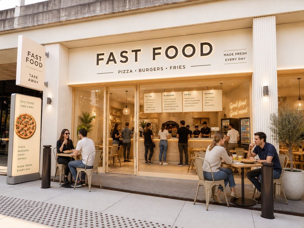 Take-away med pizza og burger serveret på terrassen og inde i lokalet med ståborde og stole
