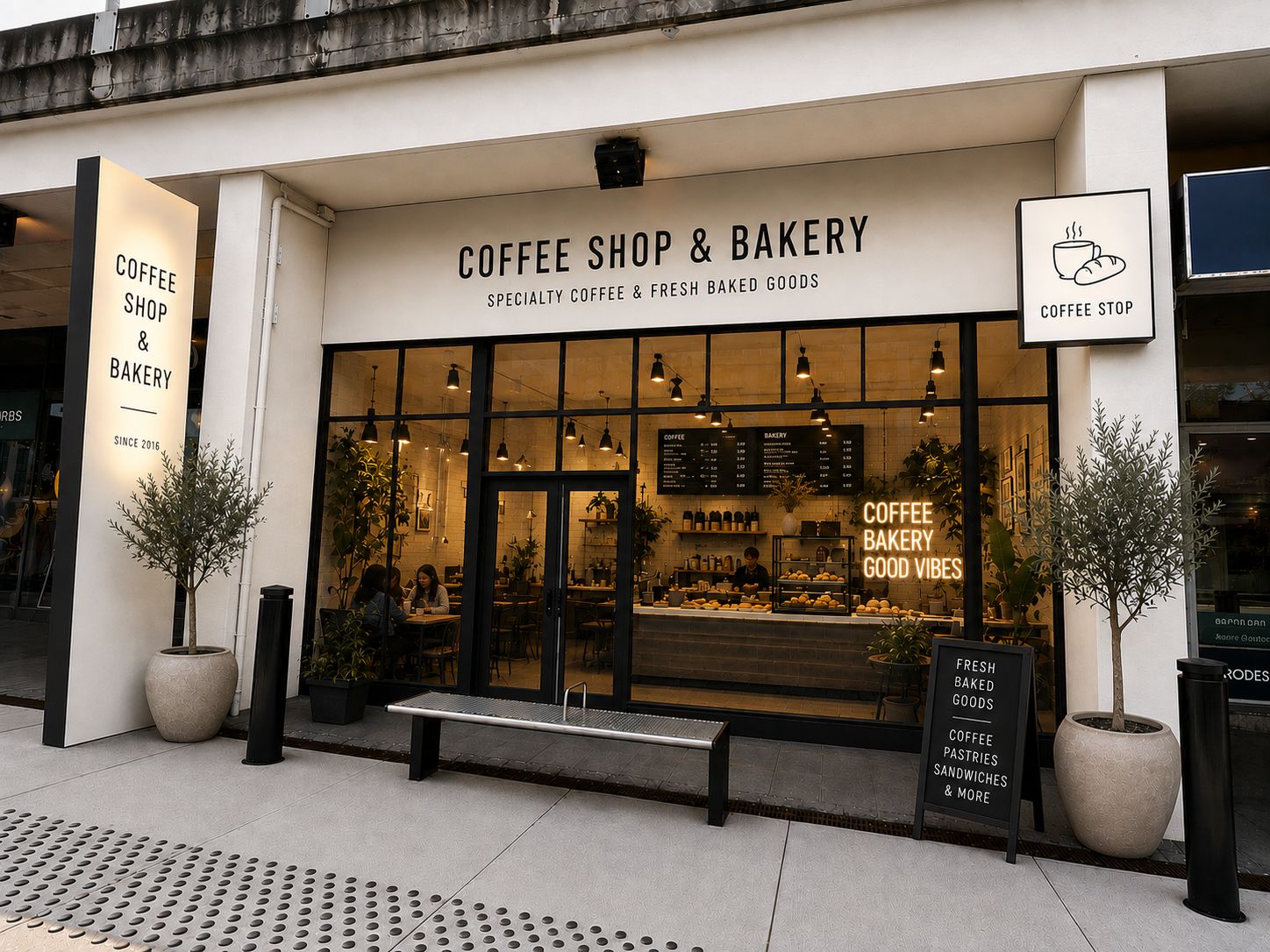 Forside til et cafe- og bageri med specialitetskaffe og friske bagværk. Menykort uden for og menu og køkken bag ruder. Solklart vejr med grønne plantager uden for.