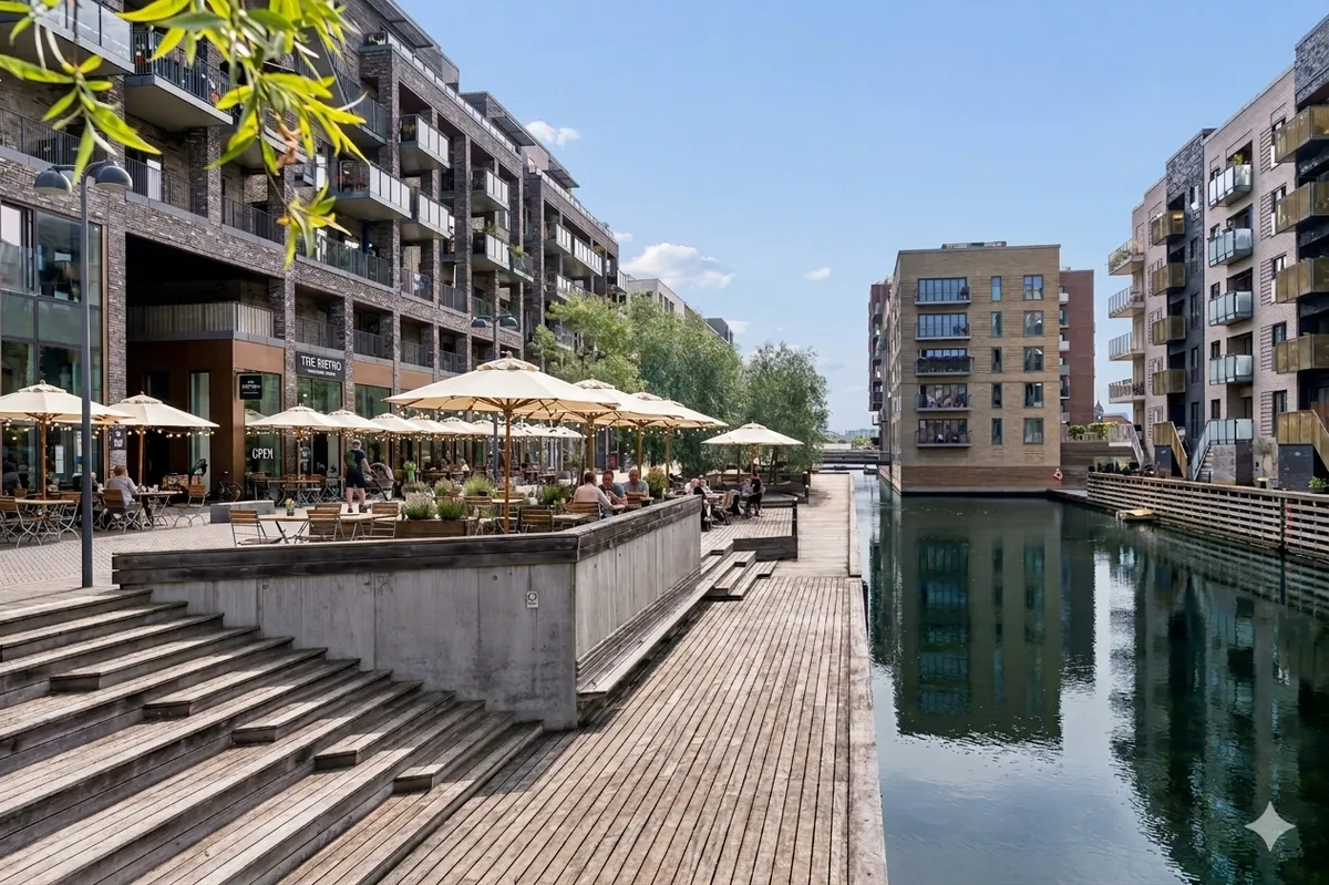 Moderne café med trægulve, store parasoller og trætrapper langs en kanal i København SV