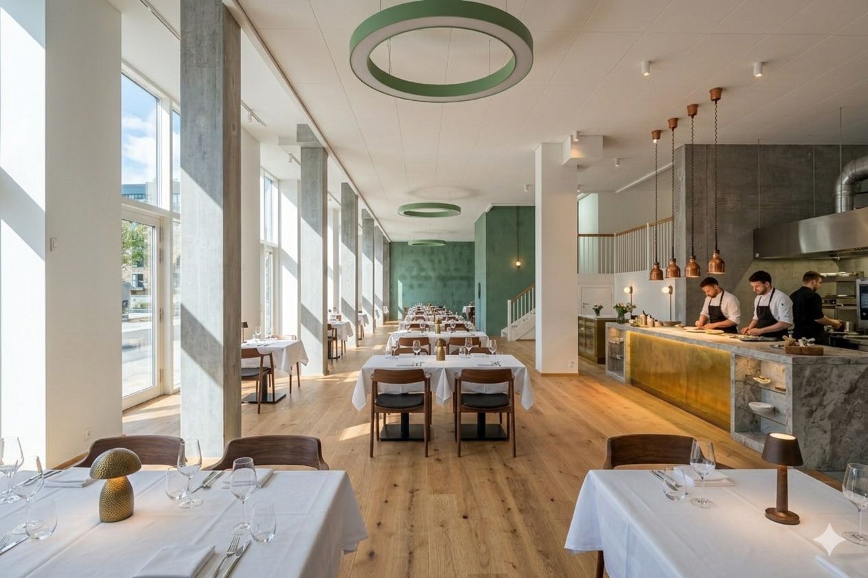 Lyst restaurantindre med bord og stole, lysekroner, vinglas og tallerkener og tre kokke bag en bar