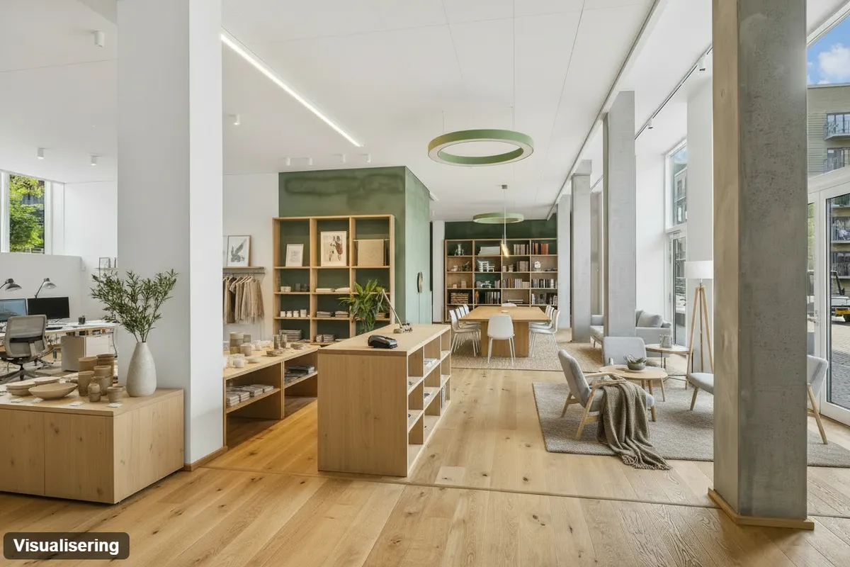 Minimalistisk indretning med store træhylder, borde og stole. Rundt loftslys og lysegulv. Planter og møbler med stof og træ.