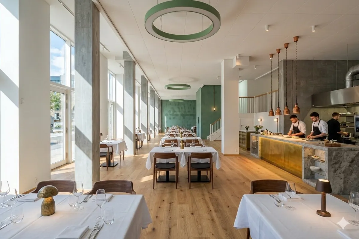 Lyst og rummeligt restaurantområde med lyse gulve og store vinduer. Runde lamper hænger fra loftet og flere borde med hvide duge og lysekroner. Tre kokke tilbereder mad i baggrunden