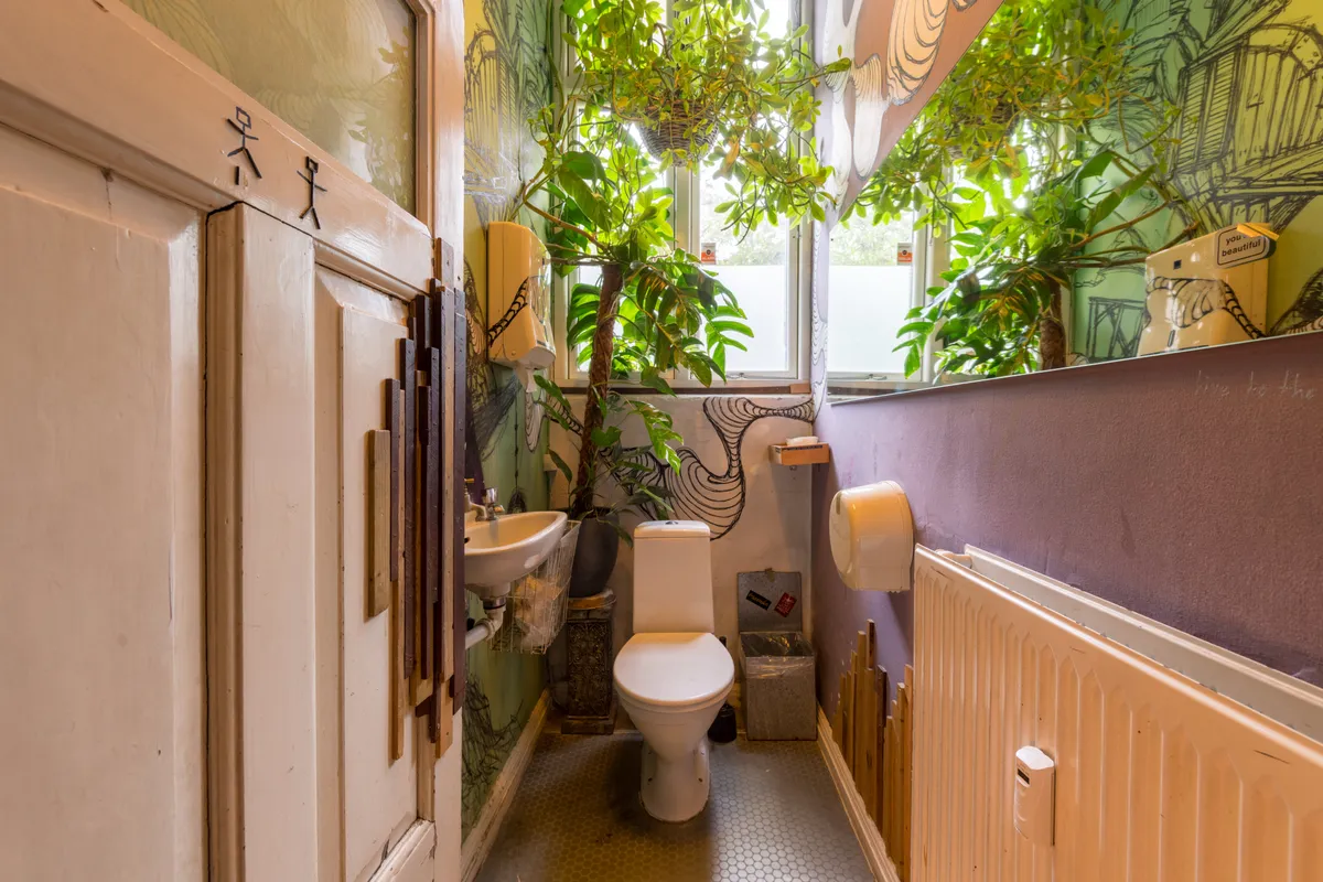 Lille toiletrum med toilet, håndvask og toiletpapir med tegninger af mennesker og planter på væggene og loftet.