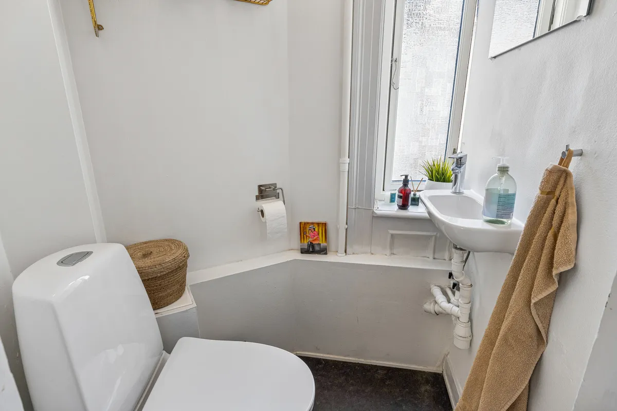 Toilet med hængende håndklæde og hvid toiletbrille samt håndvask med håndsæbe og plante i vindueskarme. Toiletpapirhylde med to ruller toiletpapir og maleri af mand i stribet forgrund