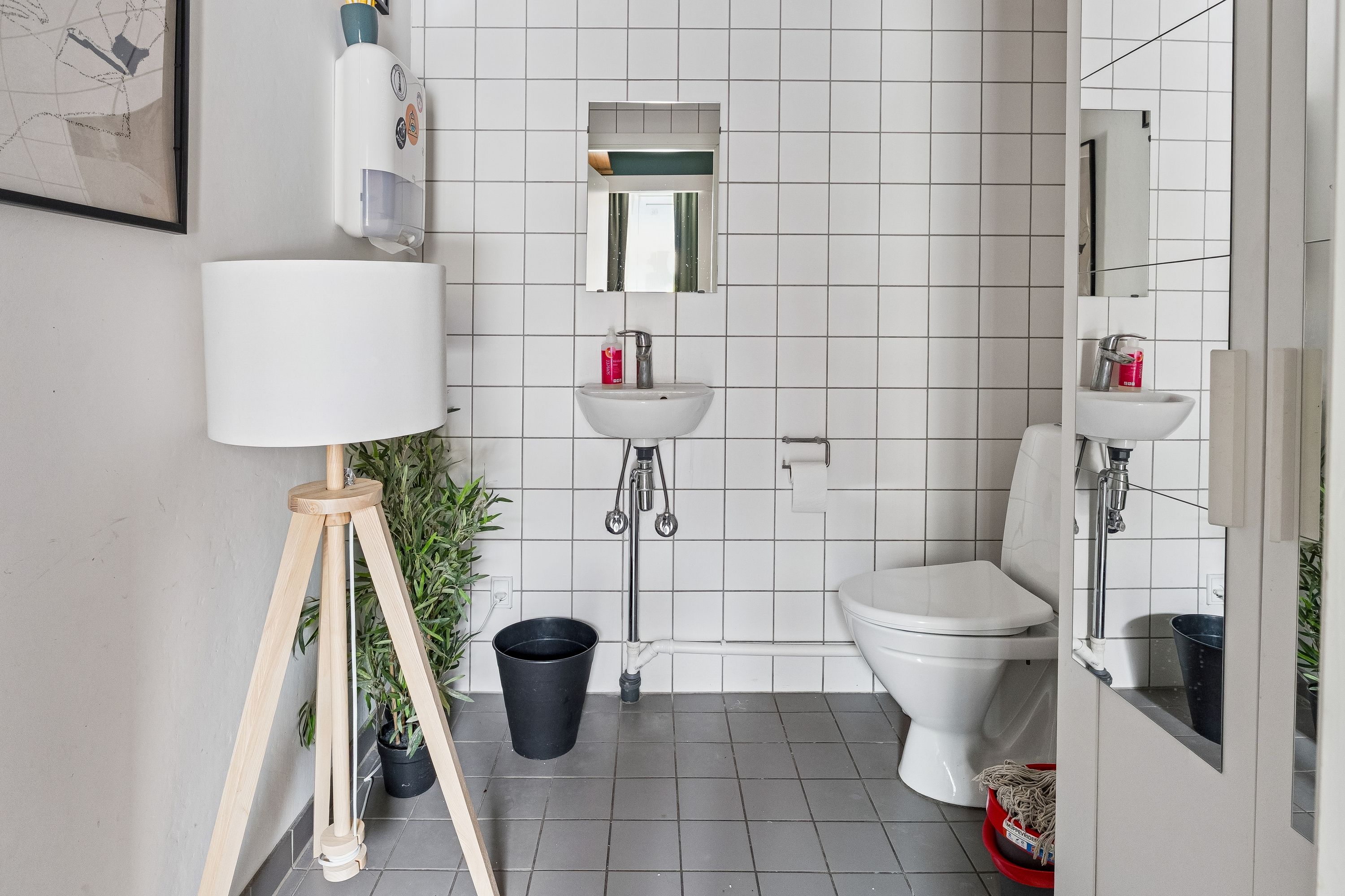 Det er et lille toilet med toiletpapir, toiletbørste, sæbe og håndkle. Der er et lille skab med spejl og håndvask med vandhaner og sæbe. Der er en plante og et højt lampe stativ.