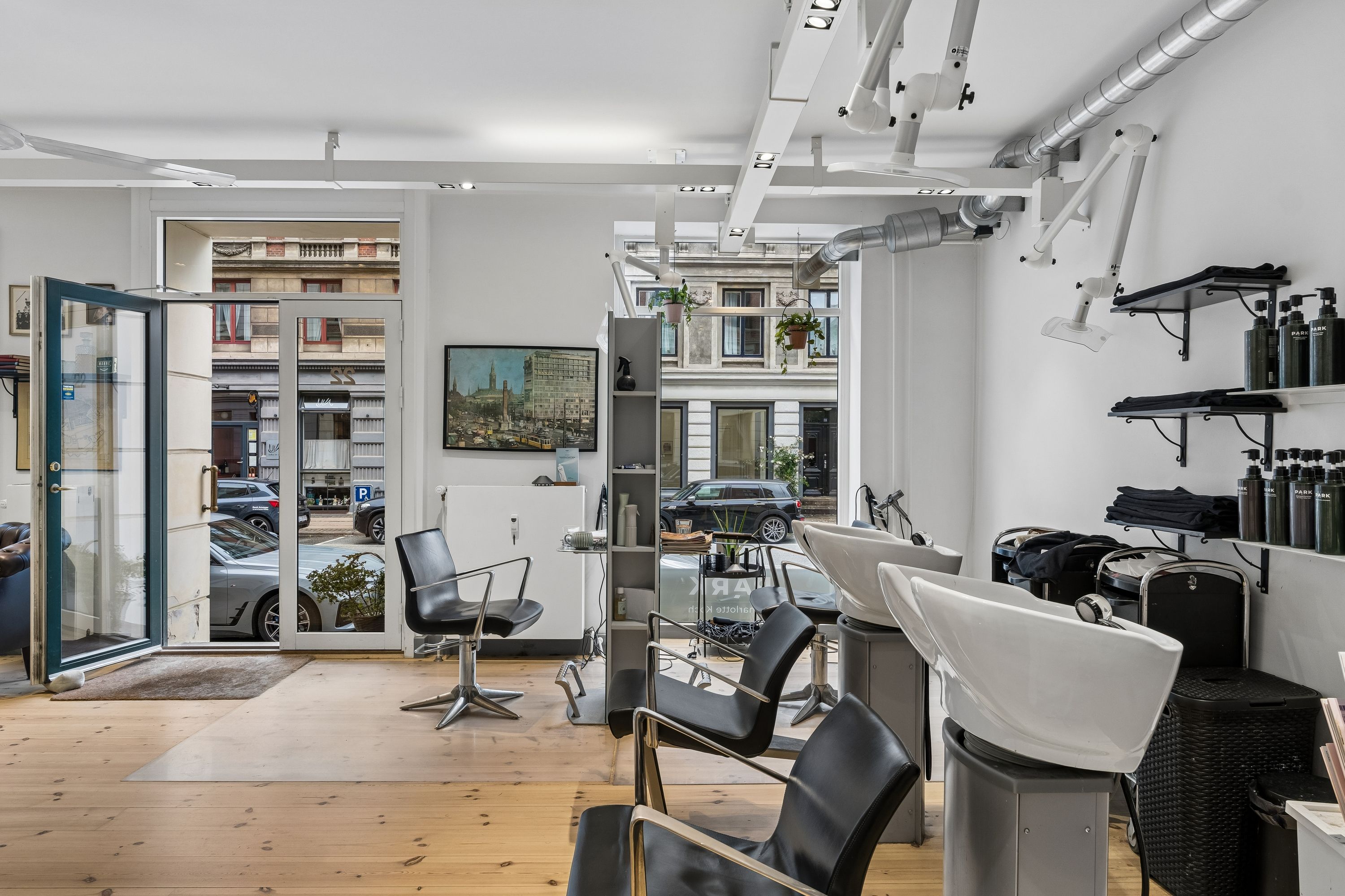 Et moderne frisørsalon med lyse lofter og en stor glasdør, som giver adgang til udendørsarealer. Der er flere sædestole og hårvaskeskåle og plantepoteter på hylderne