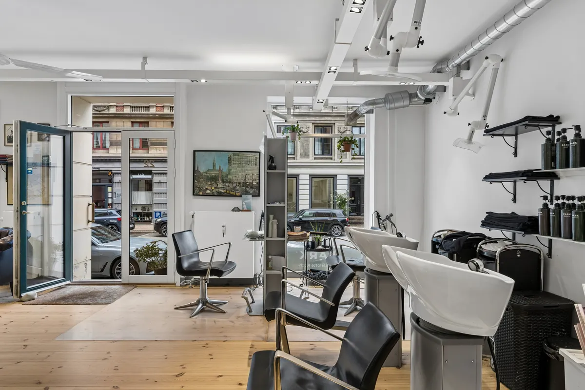 Et moderne frisørsalon med lyse lofter og en stor glasdør, som giver adgang til udendørsarealer. Der er flere sædestole og hårvaskeskåle og plantepoteter på hylderne