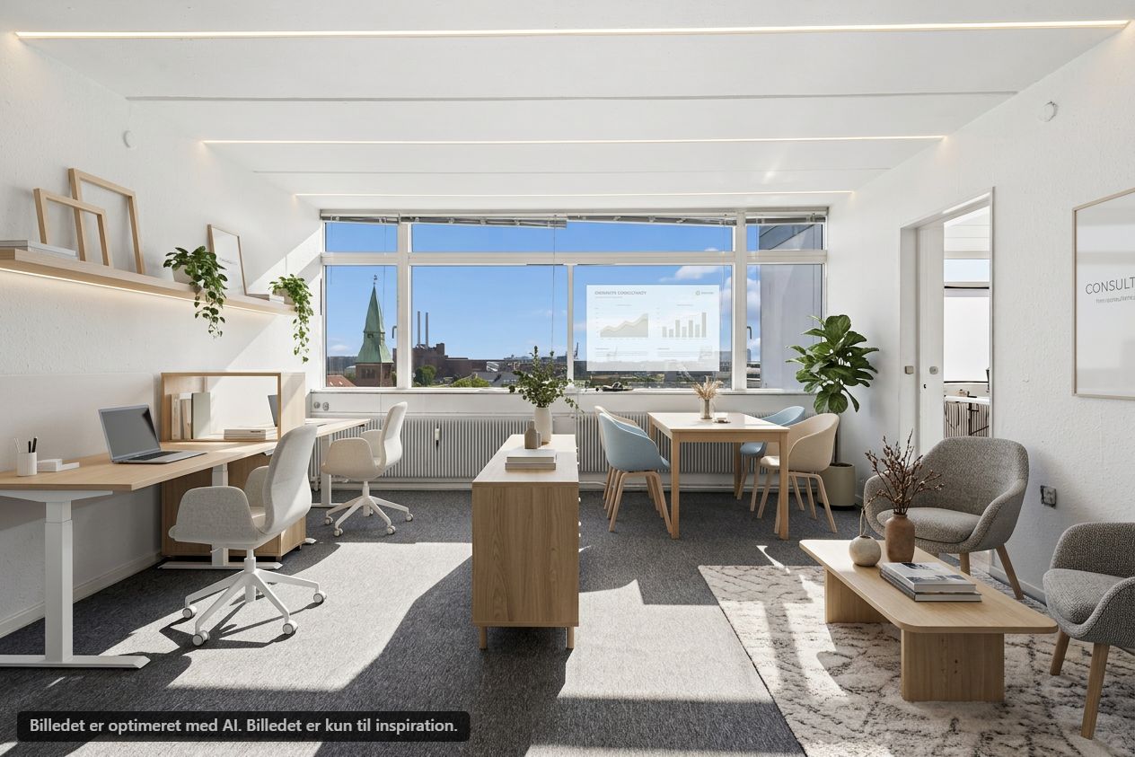Kontor med lyse møbler og udsigt over København. Et moderne kontor med høje ruder og en panoramaudsigt over byen.