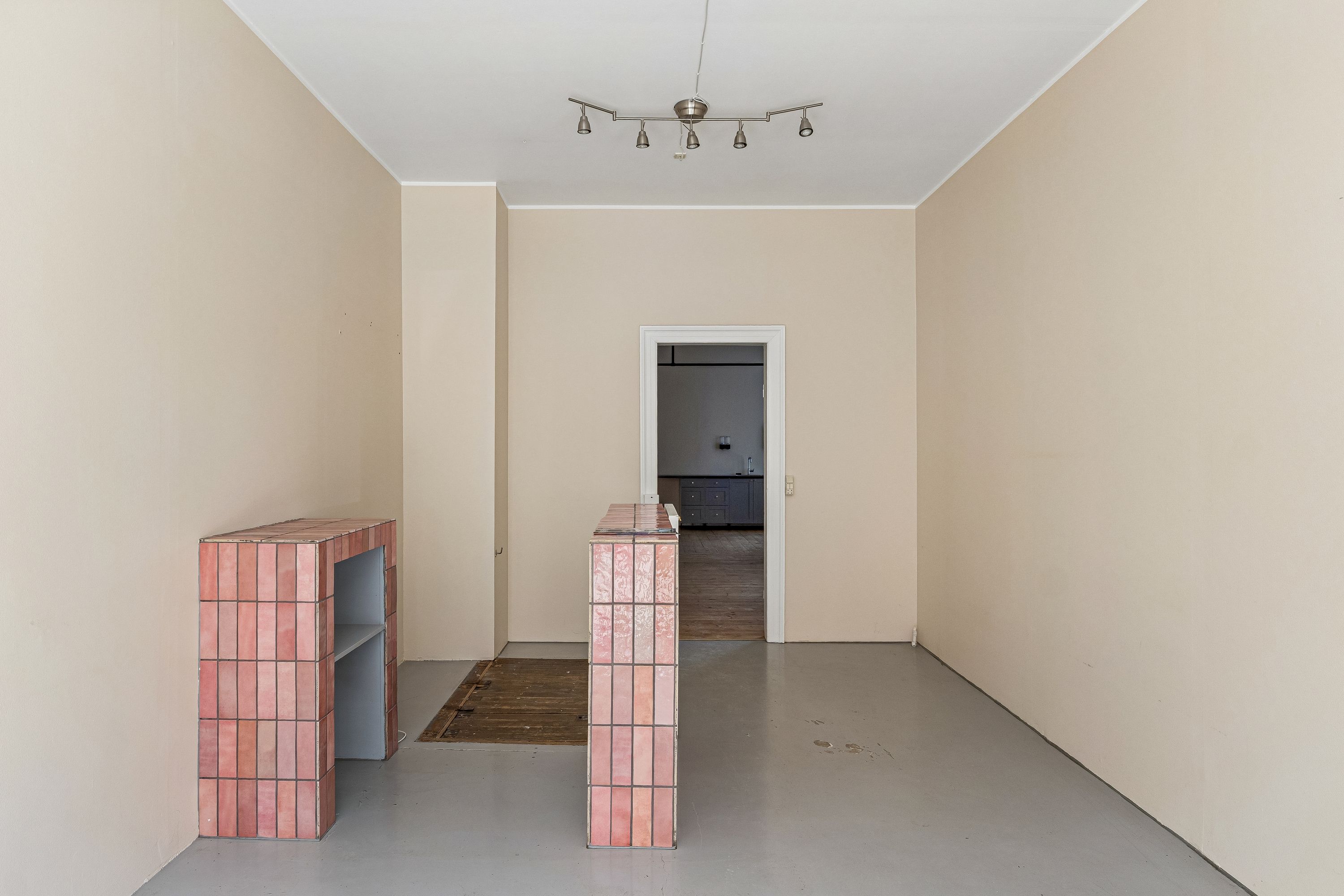 Store rum med høje vægge, hvidt loft og gulv. To pink opbevaringsvægge og åbne døre til et køkken. Væggen og gulven er grønne