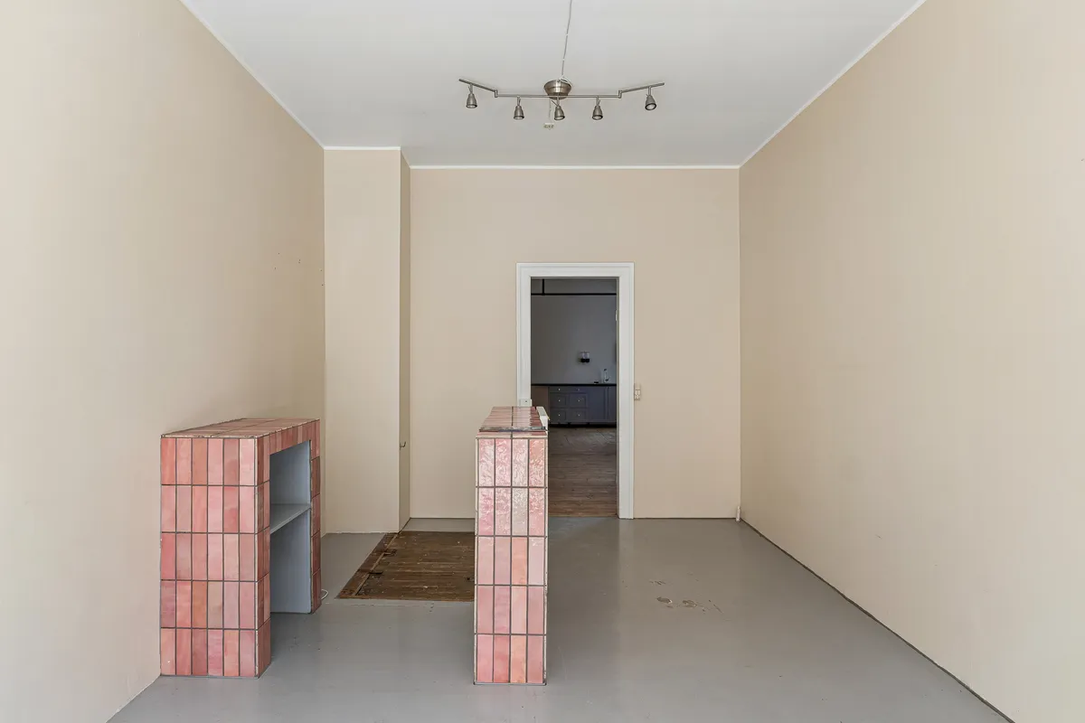Store rum med høje vægge, hvidt loft og gulv. To pink opbevaringsvægge og åbne døre til et køkken. Væggen og gulven er grønne