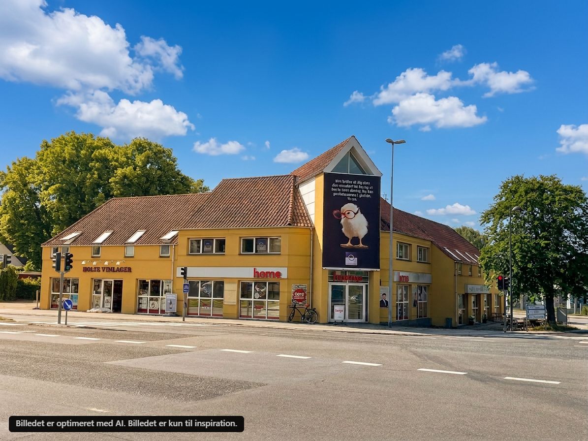 Lysgult bygning med solpaneler og vinduer. Stor reklame med en kylling på facaden. På forsiden er der en cykel og et stop-skilt.