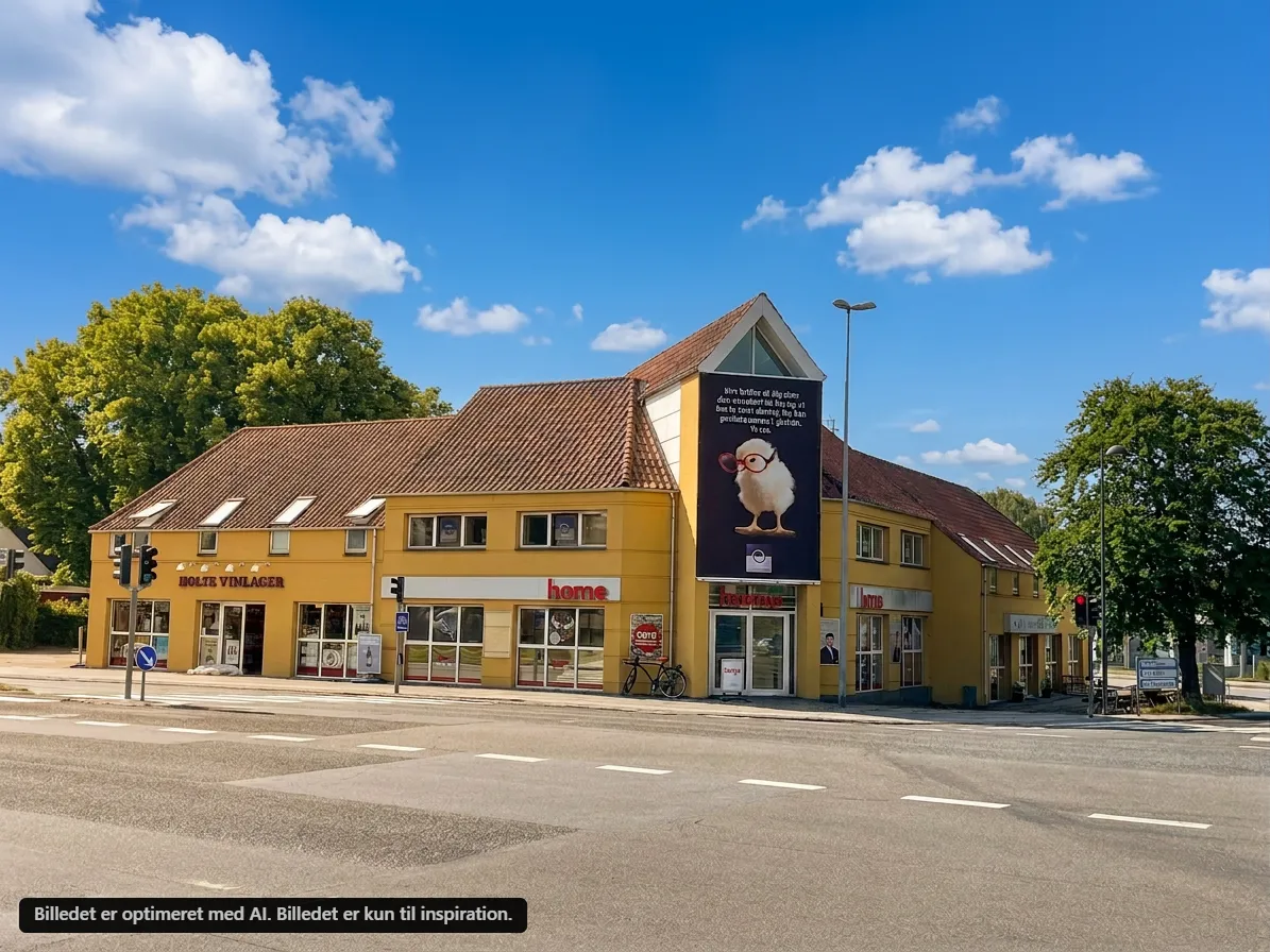 Lysgult bygning med solpaneler og vinduer. Stor reklame med en kylling på facaden. På forsiden er der en cykel og et stop-skilt.