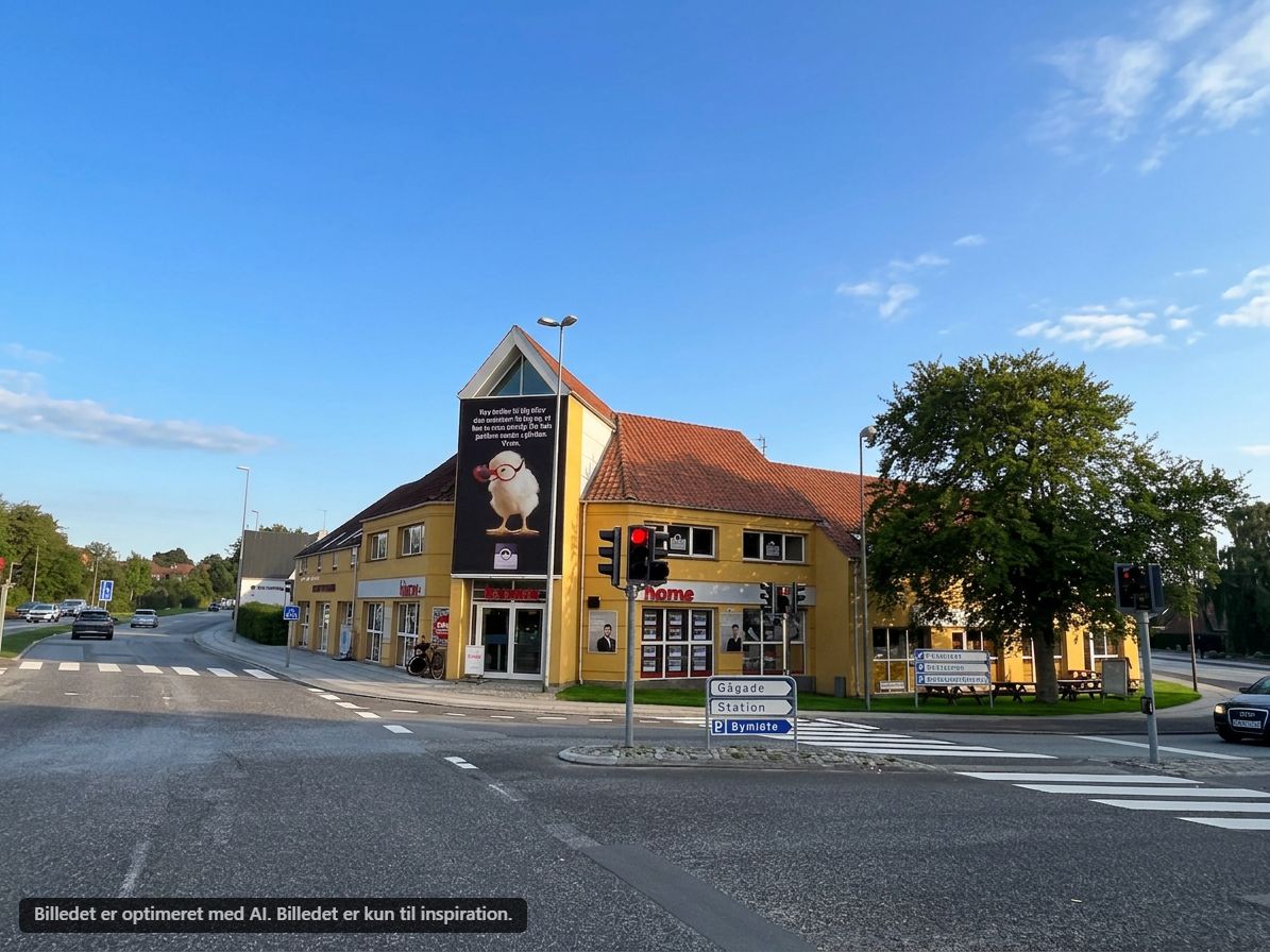 Kontorby i Ballerup, Bydammen 1B, 1. tv. Indkørsel med reklame, vejnavne og gåfortov, hvor der er parkerede cykler og biler. Lyst og veldisponeret erhvervslejemål til leje.
