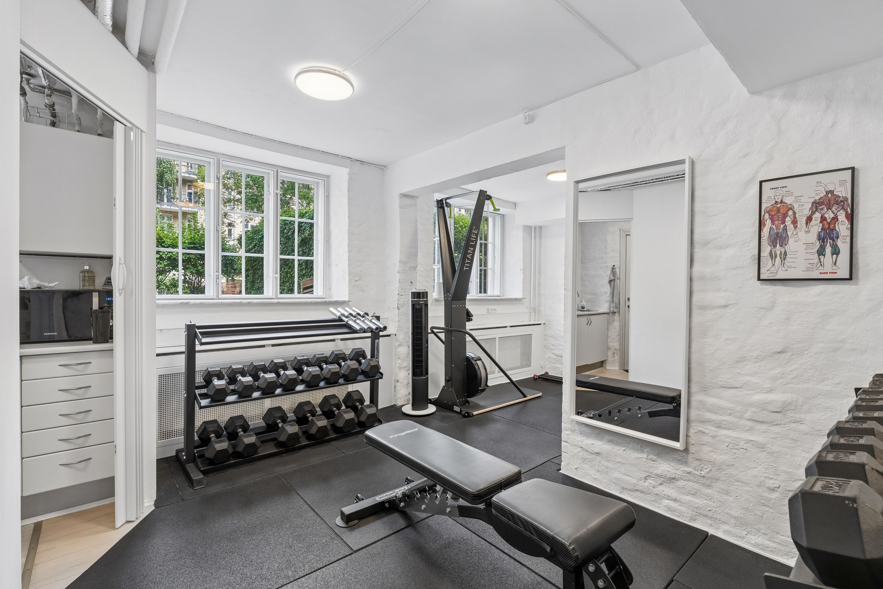 Moderne hjemmetræningsværelse med højloft, fitnessudstyr, sammenklappelig bench, stang med veje og sæt dumbbells, trægulv og lyse vinduer med udsigt til gården