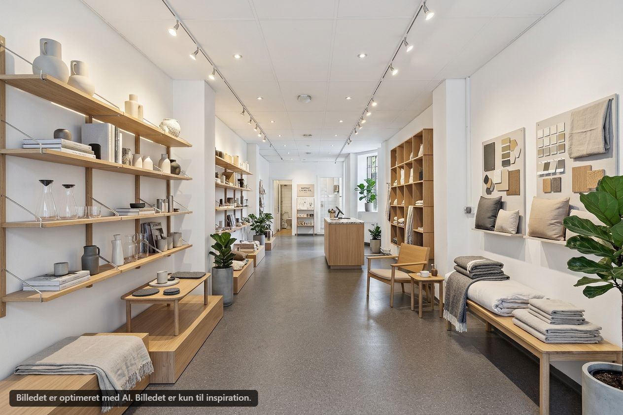 Moderne butikslokale med lyse vægge, hylder og plantager. Vægmonteret lysekron og smukke genstande. Komf. sæder og borde. Forskellig farve og materiale i dekorative produkter.