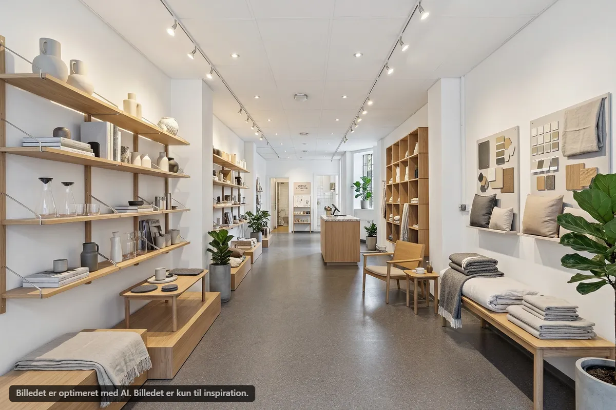 Moderne butikslokale med lyse vægge, hylder og plantager. Vægmonteret lysekron og smukke genstande. Komf. sæder og borde. Forskellig farve og materiale i dekorative produkter.