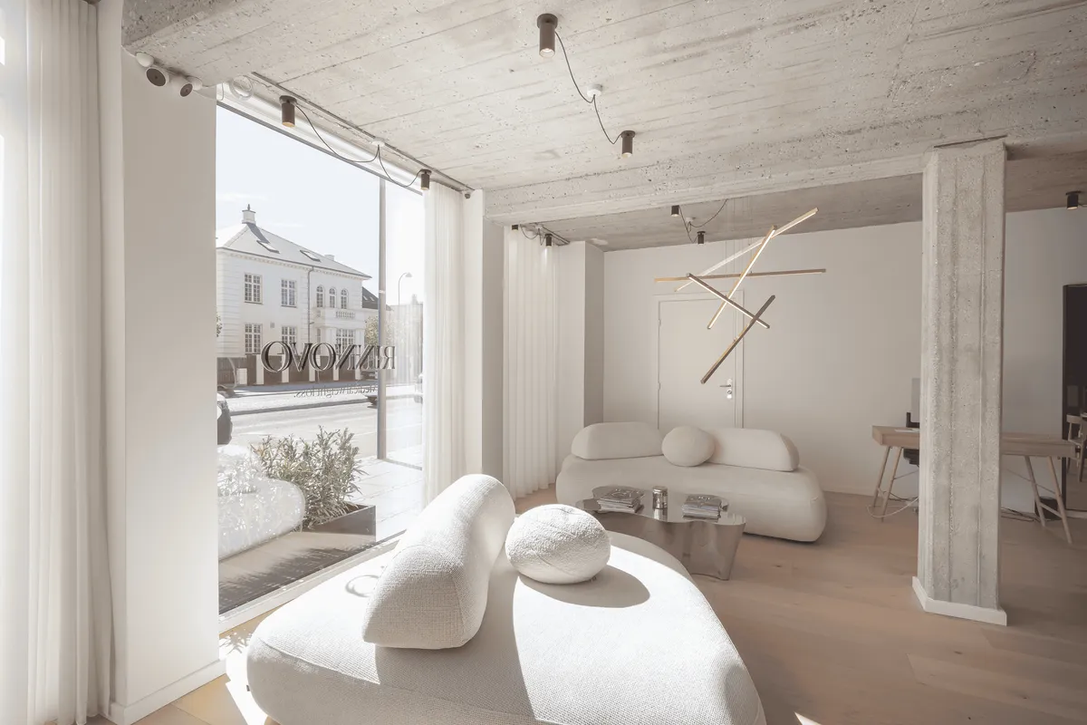 Moderne og minimalistisk interiør med hvide vægge, møbler og højloft. Lyse loftslampe og elegant sofa med kuglepuder. Glasdør og trægulv.