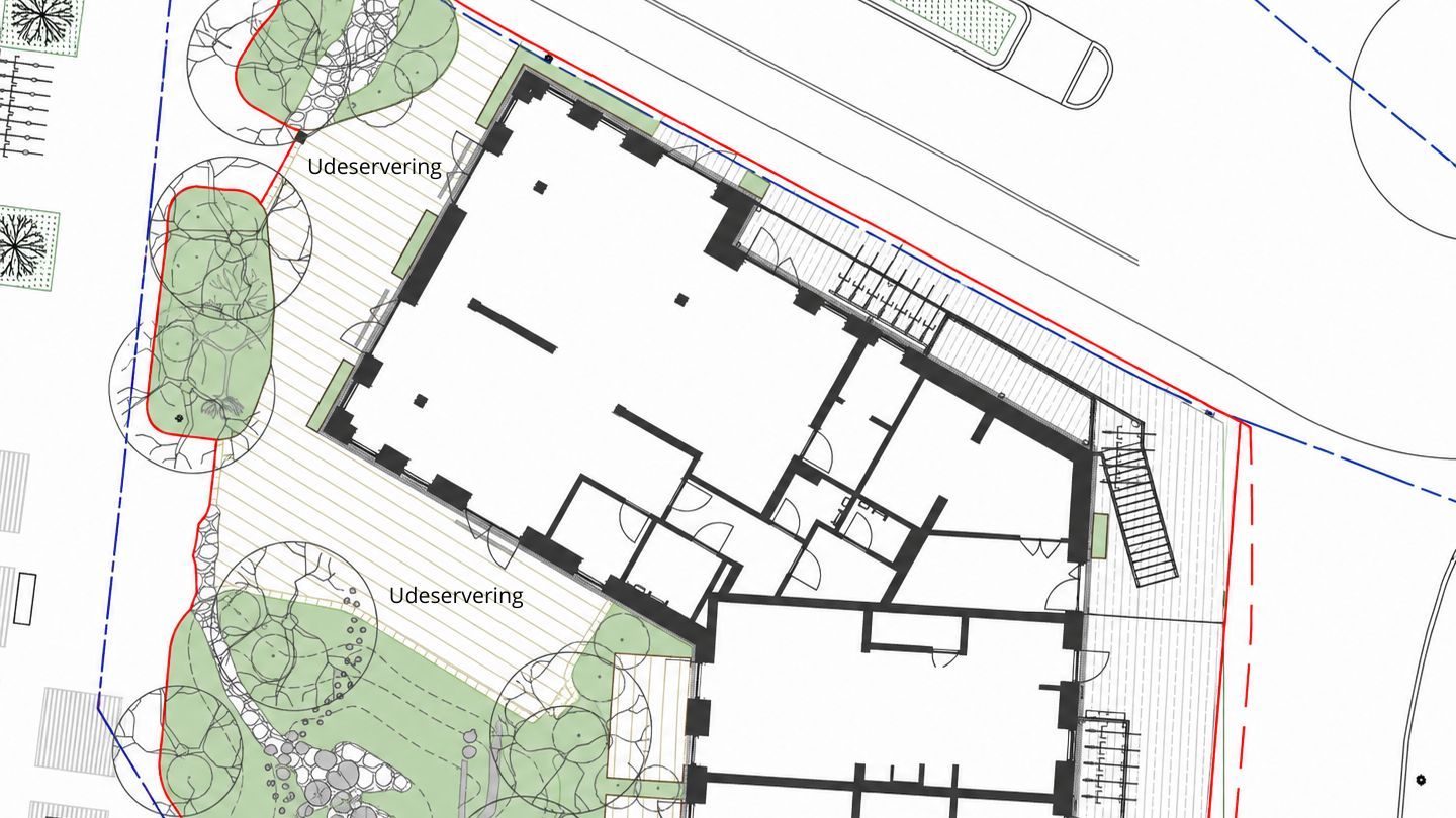 Tegning af ejendom med to udserveringer og haver, samt udtræk af lejemålet på Frederiksborgvej 11 i Allerød