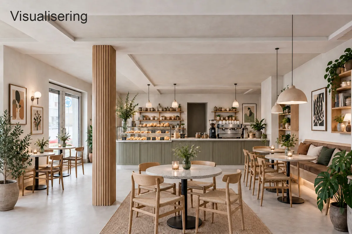 Interiør med bord, stole, sofa, plante, lamper og kaffemaskine med udendørs terrasse og glasdør