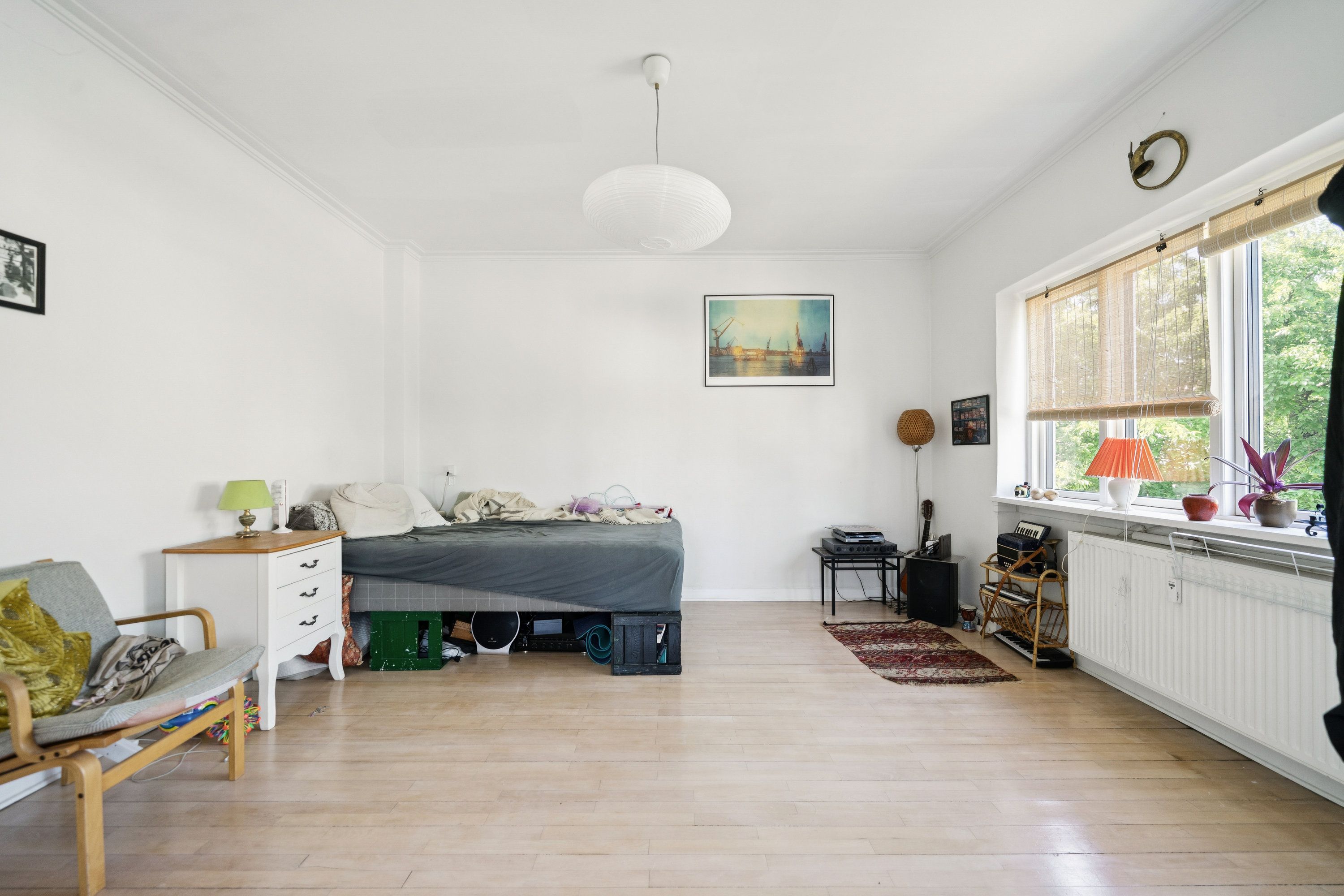 Et enkeltværelse med seng, trægulv, hvidt køkken, kommode, puder, lampe, kunstværk og et vinduesvisir med plante og radiator