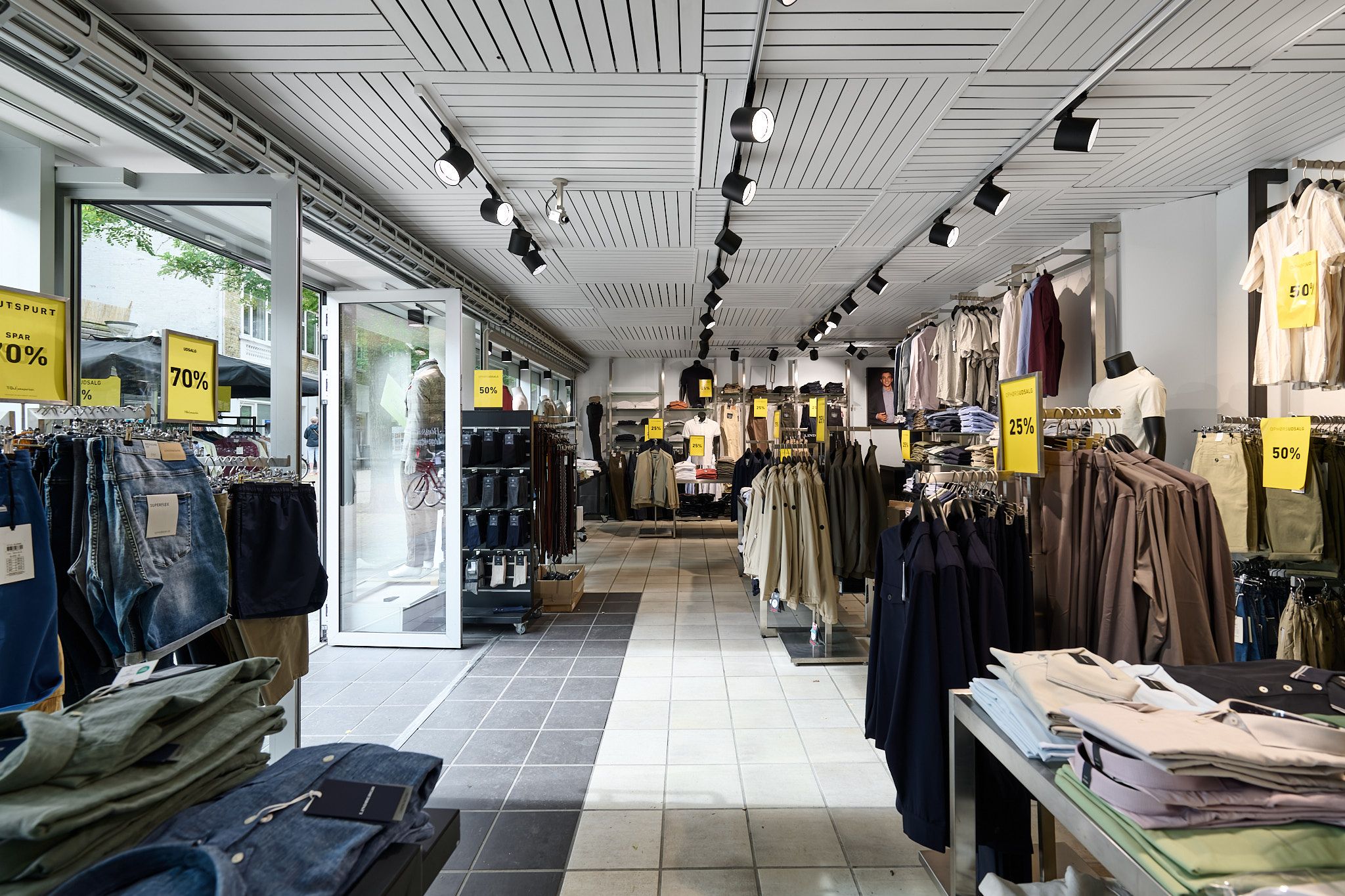 Billeder af butikslejemål med klæder og sko i forgrunden og butikker med rabatter i baggrunden. Lys er hængt i loftet og klæder er hængt på hylder.