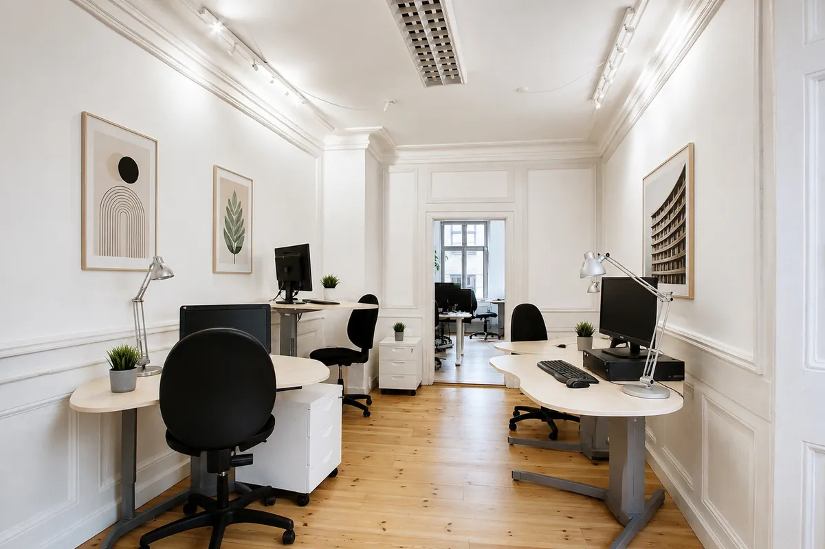 Kontor med højt loft og lyse vægge med smukke lysekroner. Moderne, hvide møbler og computere samt lyse loftslampe. Maleri på væggen og lyse trægulve.