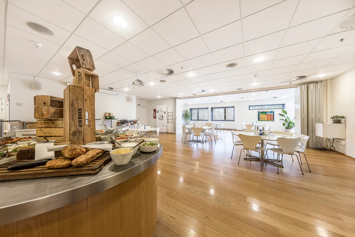 Moderne kontor med præsentabel serveringsbord og hvide stole samt krydderi og grønne planter i rummet