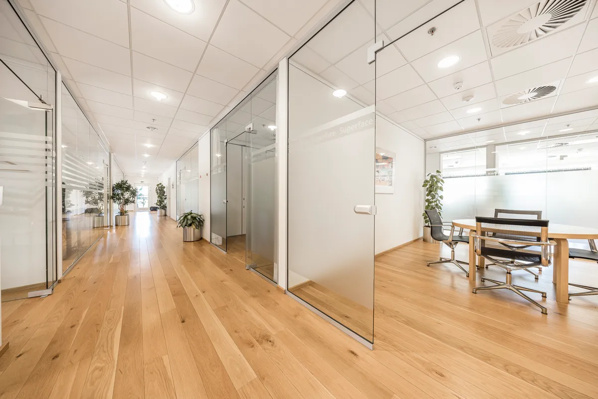 Køkken og stue med åbne glasdøre, højloft og lyse trægulve. Stuen med tre sæder omkring træbordet og en plante. Stuen med hvide vægge og loft.