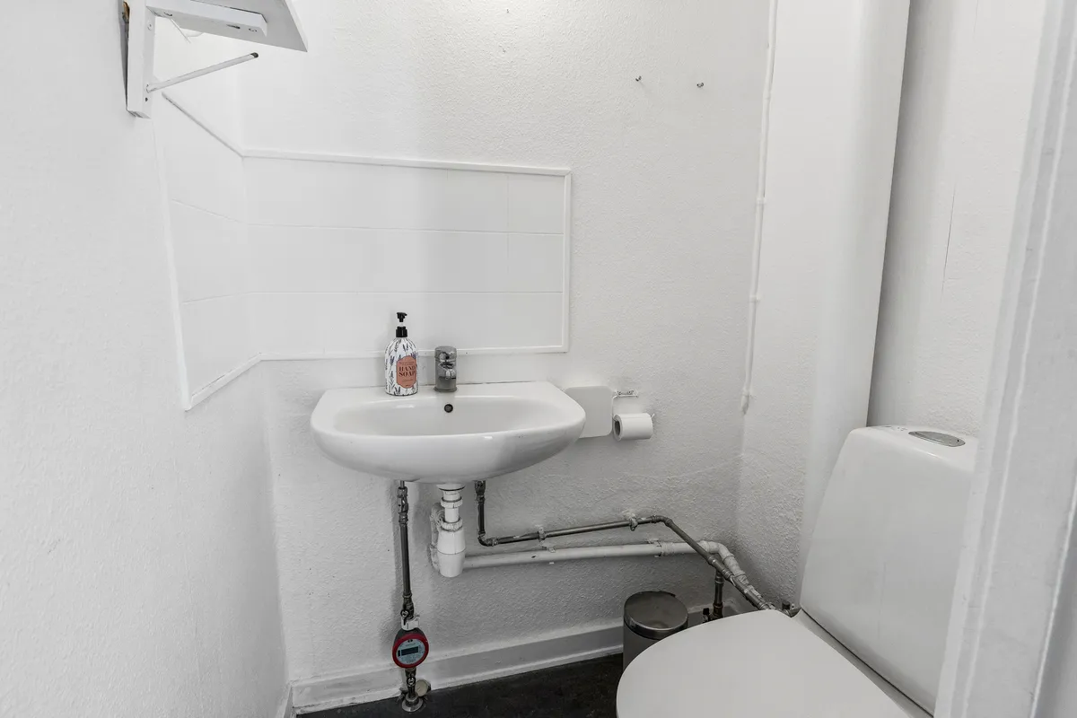 Toalett med hængetoilet og hvid, rektangulære vask med håndsæbeflaske og håndklæderol. Toilet med gulvmonteret, rundt affaldskurv og en redningsventil.