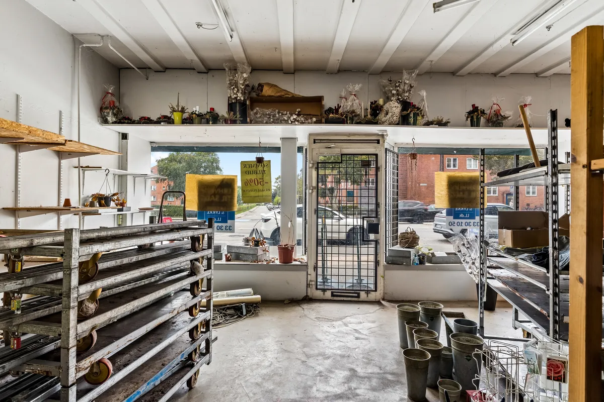 Forretningslokal med smykke og blomster på hylder og vinduer. Rækkevis af smykker og blomster i potter og beholdere i forretningen. Kasser og kurve med produkter i forretningen. Parkerede biler og bygninger på gaden udenfor.