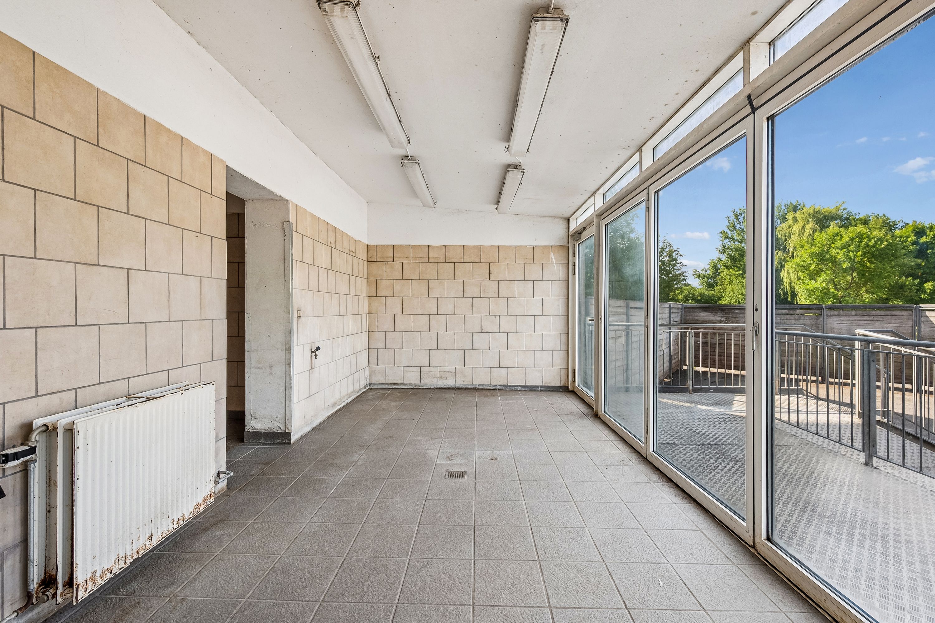 Ledig butikslokale med glasdøre og terrasse, begge med udsigt til grønne træer, højt til loftet med lysearmatur og en rustet radiator mod den tynde væg