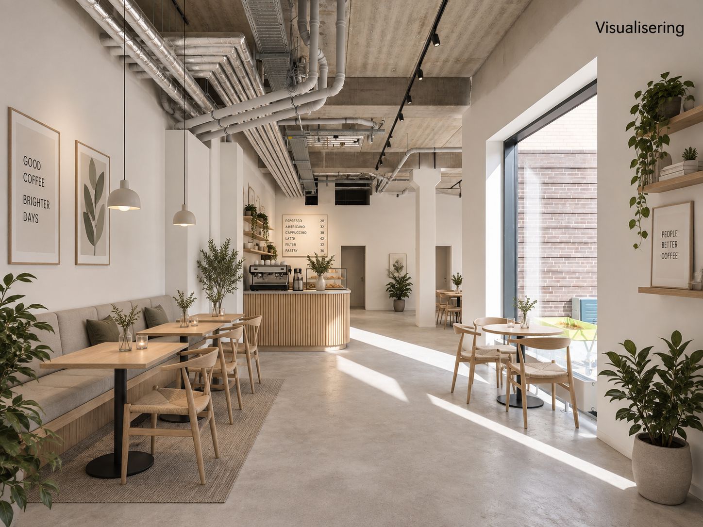En hyggelig cafe med lyse loftsvinduer og lysegulv, smagfuld indretning, møbler og plantager, samt et menubord på væggen