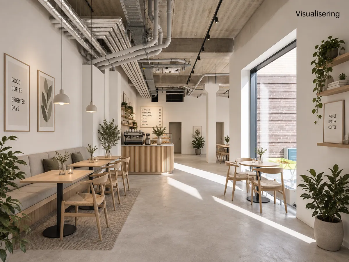 En hyggelig cafe med lyse loftsvinduer og lysegulv, smagfuld indretning, møbler og plantager, samt et menubord på væggen