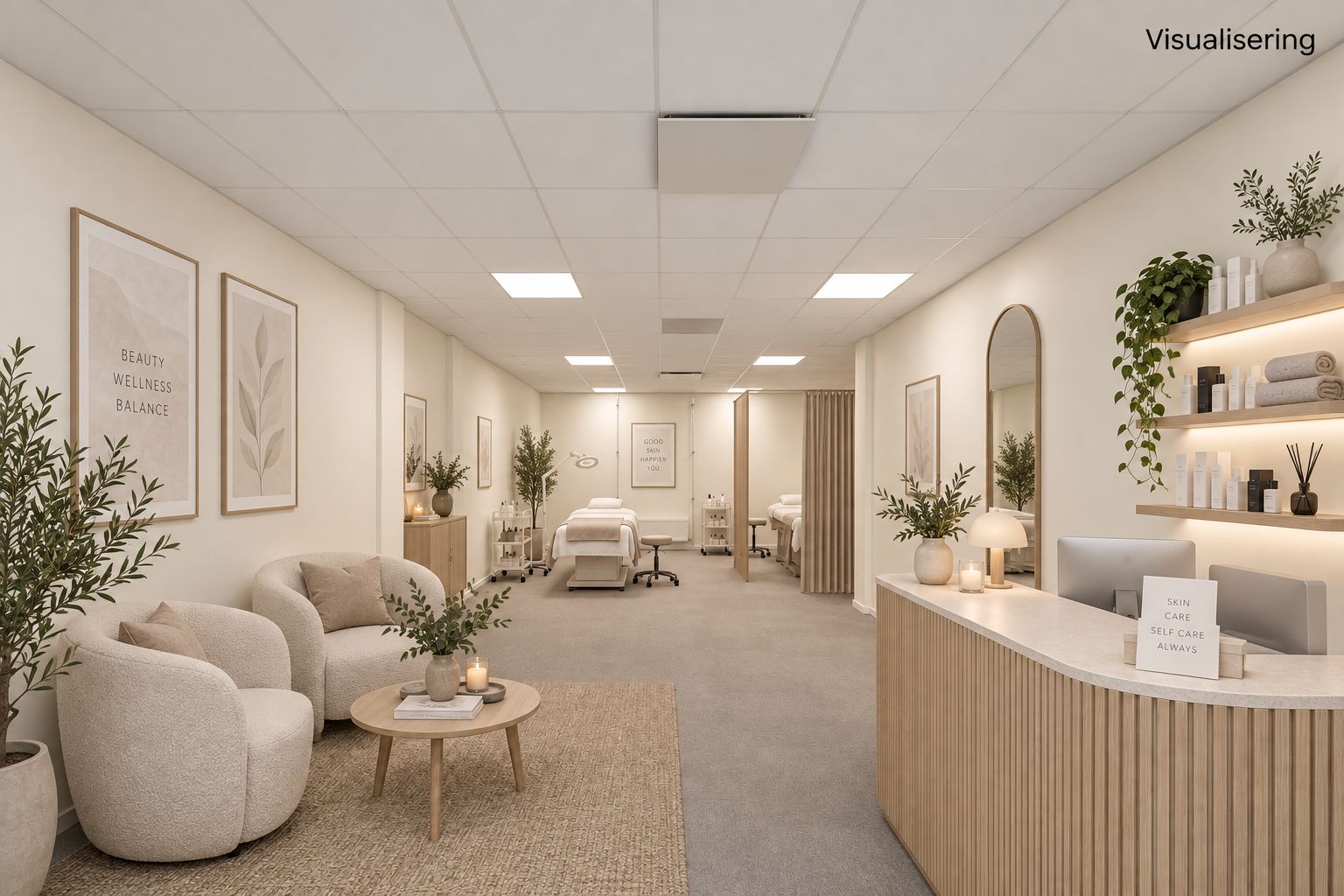 Inde i en skinnende lobby med lyse beige vægge og lofter er der en hyggelig sofa, et skrivebord og flere plantepotter med grønne planter for at skabe en naturlig følelse.