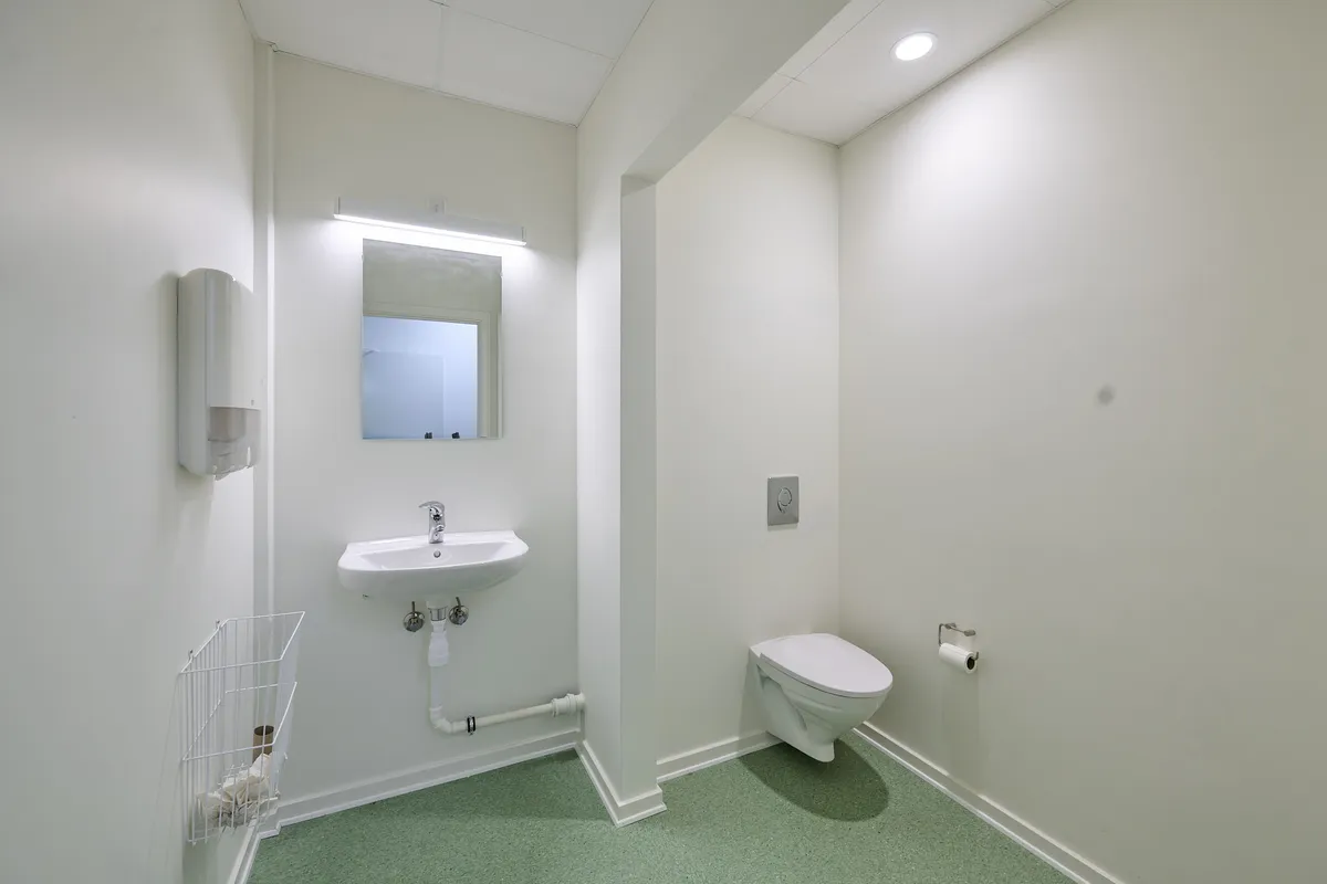 Velrenoveret toiletrum med hvidt toilet, underskabsskab, hvidt fladt badeværelsesspejl, hvid håndklædeholder og en toiletpapirholder på væggen