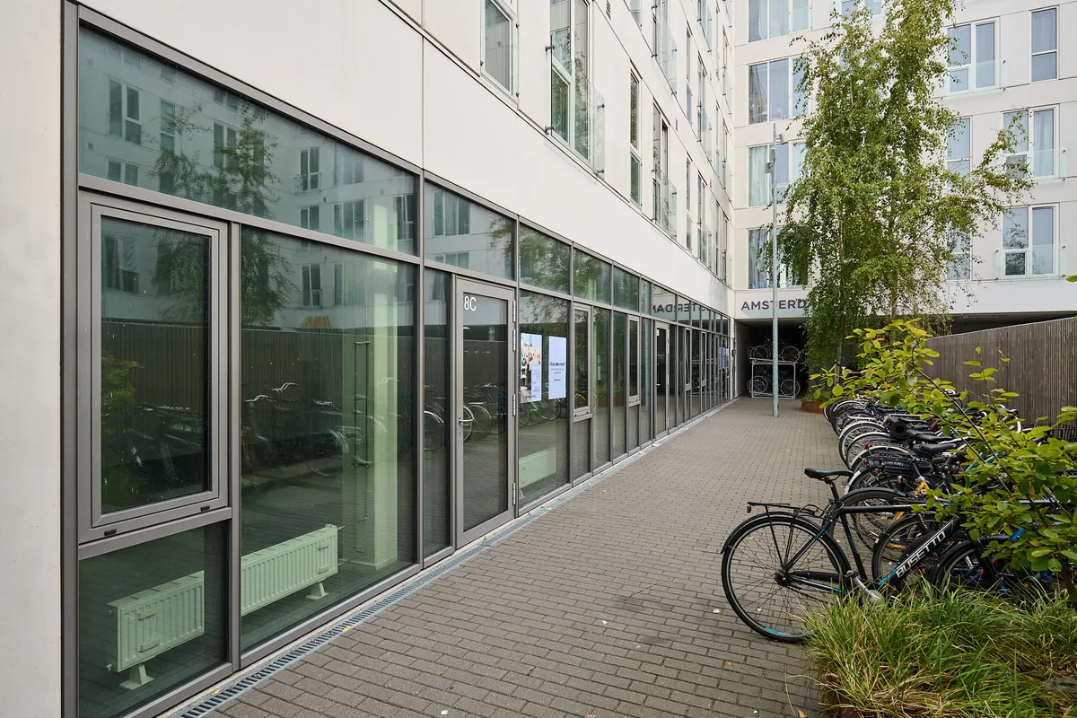 Store glasruder og tæt parkerede cykler ved siden af slanke høje træer. Mærkeplade med teksten Magreta og Amsterdams Erf.