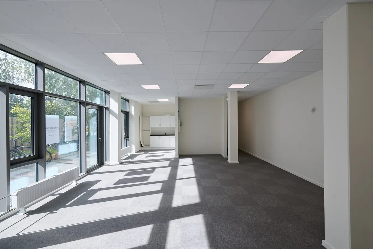 En tom lejlighed med lyse gulve, store ruder, hvide vægge og loft. Et køkken med hvide skabe og en hvid radiator. Skyggefulde mønstre på gulvet