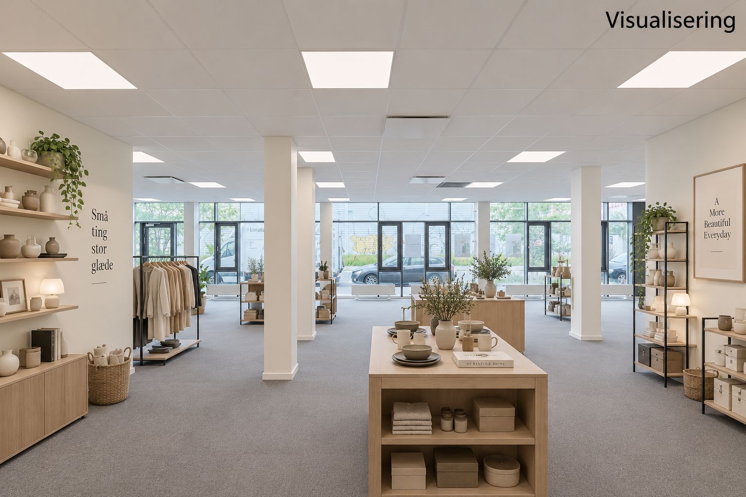 Rummeligt kontorlokaler med højt loft og vinduer, lyse loftslamper og lysegrå gulvbelægning, plante og møbler, tekst på væggen og skrift på tavle