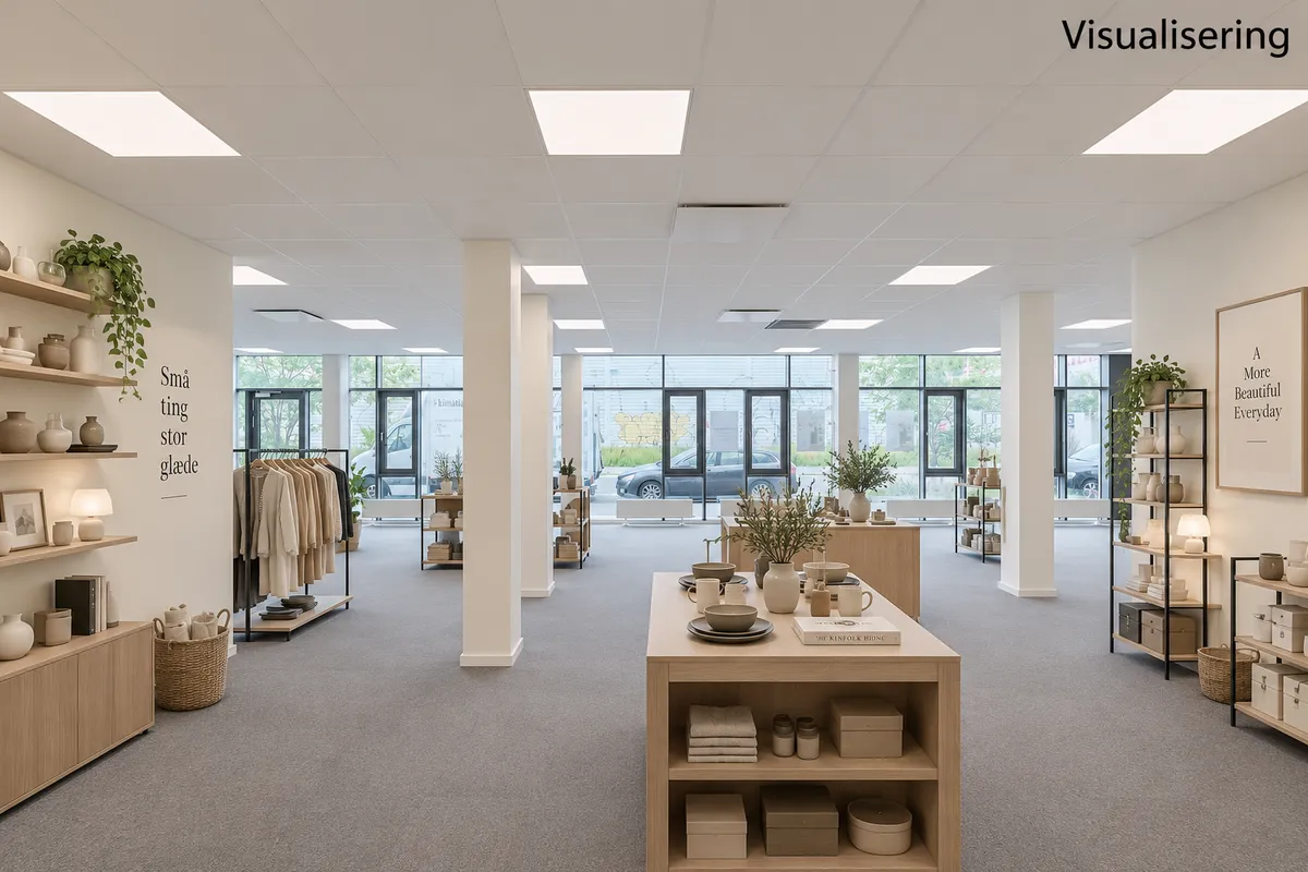 Rummeligt kontorlokaler med højt loft og vinduer, lyse loftslamper og lysegrå gulvbelægning, plante og møbler, tekst på væggen og skrift på tavle
