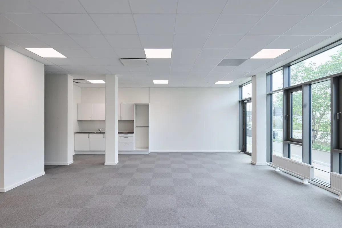 Rummelig og lys kontorer med store vinduer og moderne design. Hvidt loft med indbygget belysning og smukke tæpper. Værelse med garderobe og køkkenområde.