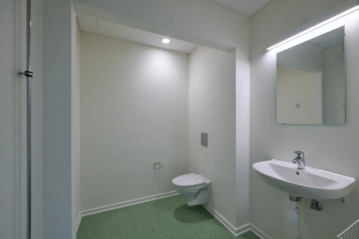 En lille, moderne toiletrum med hvidt toilet, hvidt vasketøj og grønt gulvtæppe samt en spejl med indbygget lys og et lys over toilettet